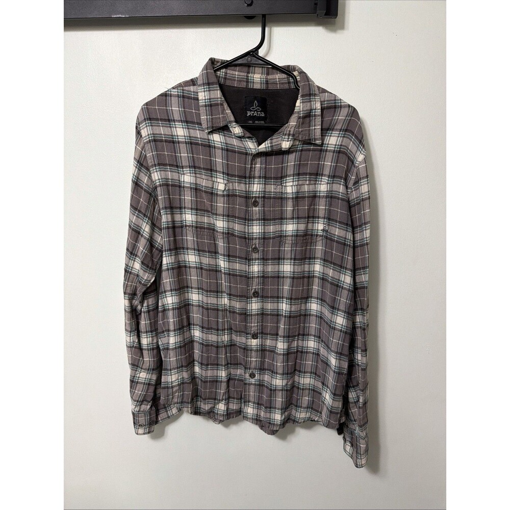 Prana Flannel Button Up Shirt Men's L Gray Plaid Long Sleeve Organic Cotton